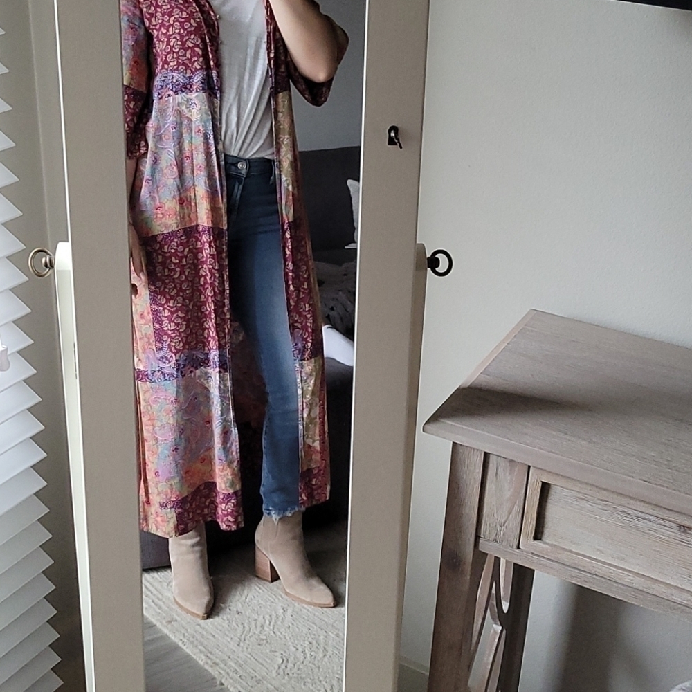 MAYDEN Los Angeles Boho Floral Patchwork Long Duster Kimono Vest Size Small - Picture 4 of 12